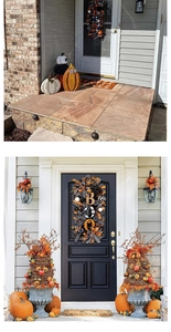 Detail of Halloween wreath with BOO letters and pumpkins on a porch setting