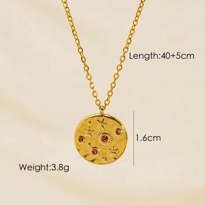 Detailed view of sun and moon pendant with pink stones, weight 3.8g and length 45cm