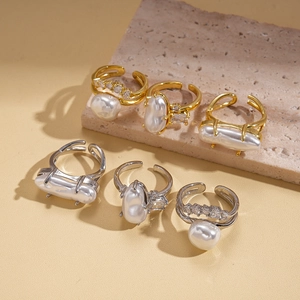 Baroque pearl and zircon double layer adjustable ring set in gold and silver plating