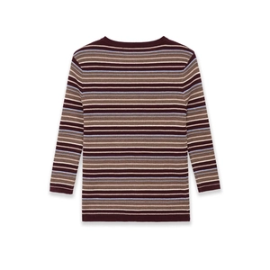 Flat lay of a multicolor striped knit top with long sleeves and a classic crew neck design