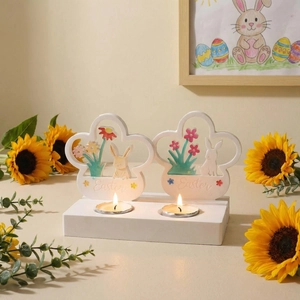 Easter rabbit wooden tea light holder with dual candle base and floral resin patterns