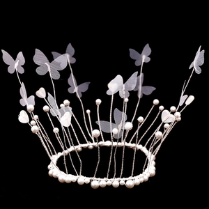 Elegant white butterfly crown with pearls and mesh lace for birthday cake decoration