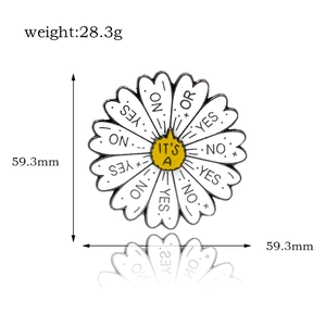 Detail of daisy enamel pin showing 59.3mm diameter size and rotating yes no text design