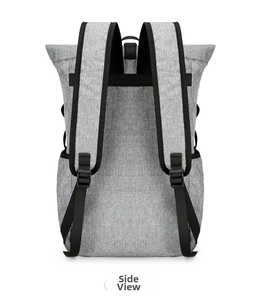 Business travel backpack detail showing breathable mesh padding and luggage trolley strap