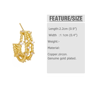 Detail of twisted gold-plated C-shaped earrings with clear zircon stones and size info