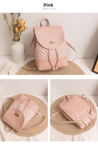 Three-way view of pink backpack featuring gold twist-lock, drawstring and geometric patterns