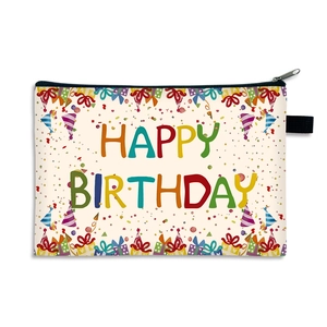 Minimalist beige canvas Happy Birthday makeup pouch with festive party patterns and black zipper