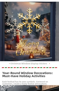 Detail of metallic gold and silver snowflake stickers with Merry Christmas window decal