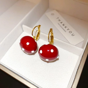 Chic gold-plated red mushroom pattern earrings with white polka dots in a white jewelry gift box