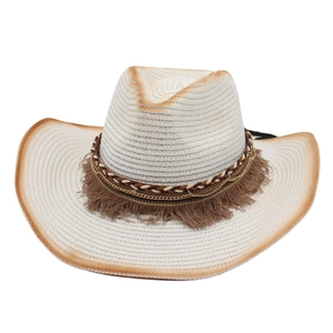 Men's western straw cowboy hat with bohemian fringe band and vintage gradient finish