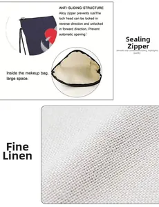 Detail of linen makeup bag showing durable alloy zipper and spacious interior lining
