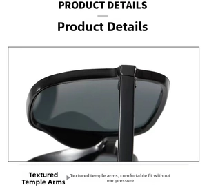 Detail showing the polished black frame hinge and temple of the square sunglasses