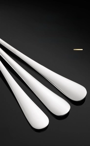 Detailed macro view of thickened round handles on polished 304 stainless steel cutlery