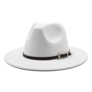 Close-up of white wool fedora with brown pebbled leather band and engraved silver buckle