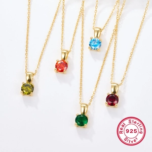 925 Sterling Silver Birthstone Necklace Round Zirconia Pendant Gold Plated Minimalist Fine Jewelry For Women Gift
