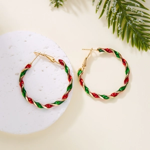 Christmas hoop earrings with festive red green and gold spiral candy cane pattern