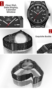 Detail view of the black textured dial, date window, and engraved stainless steel back