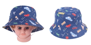 Detail of dark blue baby sun hat with colorful cartoon cars and adjustable white chin strap
