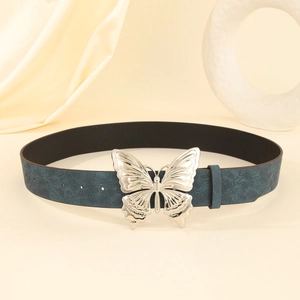 Vintage Y2K dark green leather belt featuring an embossed floral pattern and silver butterfly buckle