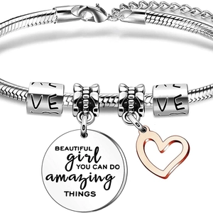 Inspirational silver snake chain bracelet with rose gold heart and engraved charm