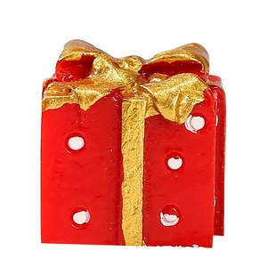 Miniature red Christmas gift box ornament with golden bow and white polka dots