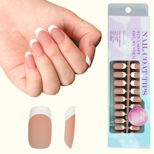 Faux Ongles à Presser Style Français Mat Soft Gel Rose Nude Pointes Blanches Kit Manucure Couverture Complète Femmes