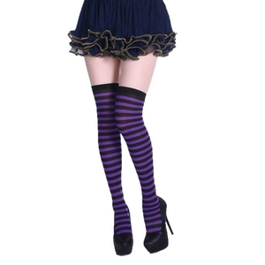 Chaussettes montantes rayées violet et noir pour costumes de fête et soirées