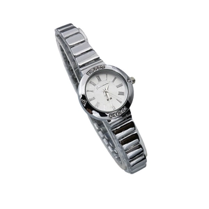 Elegant silver women's quartz watch with Roman numerals dial and diamond accents