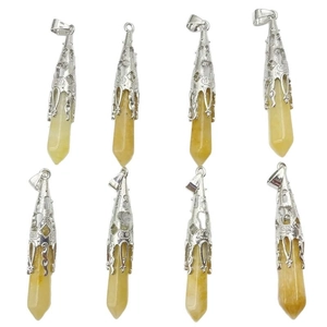 Natural yellow crystal hexagonal prism cone pendant with silver hollow metal cap
