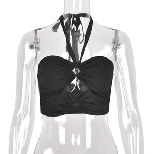Slim fit black halter crop top with center ring cutout and hollow back design