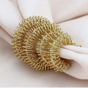 Detailed macro view of the multi-layer spiral gold earring on a soft purple silk background