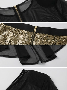 Detail view of gold sequins on black mesh dress with high-quality metal zipper closure