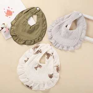 Lot de 3 bavoirs bébé en gaze de coton avec volants en vert olive et gris