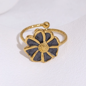 French vintage titanium steel flower ring with grey enamel and gold adjustable band