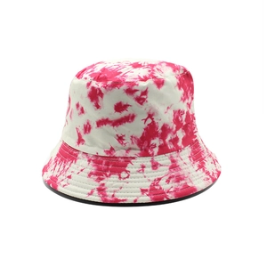 Detailed view of the rose red and white tie-dye bucket hat with durable twill cotton fabric