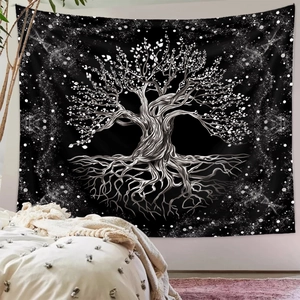 Detailed Tree of Life tapestry on bedroom wall with cozy bohemian interior decor