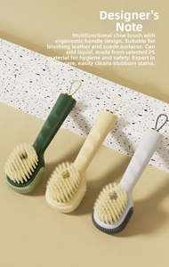 Detail of ergonomic liquid-dispensing shoe brushes with soft bristles for suede and leather