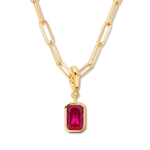 18K gold plated paperclip chain necklace with a red rectangular gemstone drop pendant