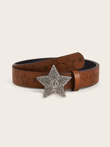 Detail of brown leather belt featuring embossed stars and a carved silver star buckle