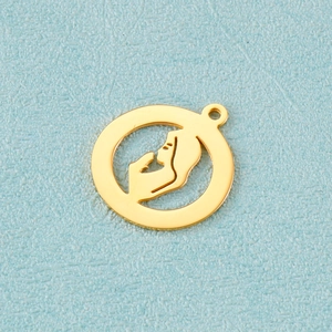 Golden stainless steel necklace pendant featuring an openwork praying girl profile design