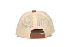Rear view detail of beige mesh baby baseball cap with brown adjustable strap