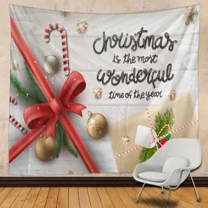 Weihnachts Wandteppich mit Holzmaserungshintergrund und festlichen Elementen im Zimmer