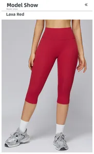 Close-up of high-waist yoga capris in lava red with compression fit for fitness