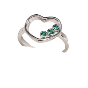 14k gold plated heart ring featuring three floating green zircon stones on silver base