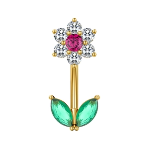 Golden belly button ring with pink zircon flower and green leaves on white background