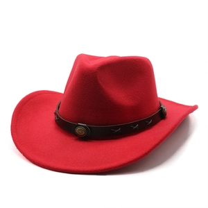 Classic red western cowboy wool felt hat with brown leather band and metal buckle detail