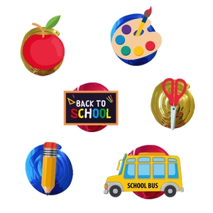 Detailansicht der 6-teiligen Back to School Spiral-Hänger mit Apfel- und Bus-Motiven