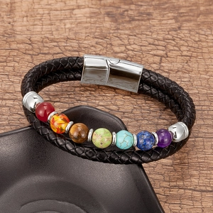 Mens braided black leather chakra bracelet with seven colorful natural stones and magnetic clasp