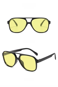 Front and side view of retro aviator sunglasses with black frames and yellow lenses