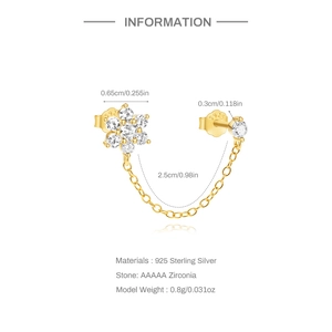 Detail of S925 sterling silver chain earrings showing zircon floral stud and size dimensions